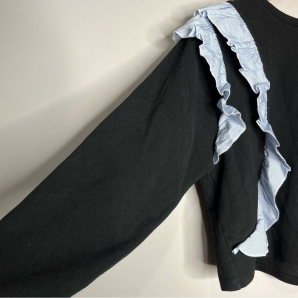 Zara Black Poplin Sweater with Contrasting Micro Stripe Ruffles size M - Picture 4 of 7